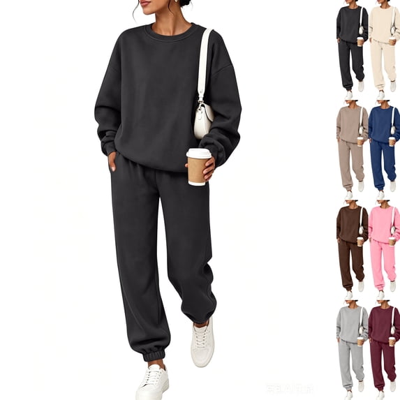 Women 2 Piece Outfits Fall Sweatsuit Lounge Set | Long Sleeve Drop Shoulder Crewneck Sweatshirt,Wide Leg Sweatpants,Casual Tracksuit,Winter Vacation Travel Outfits Black S