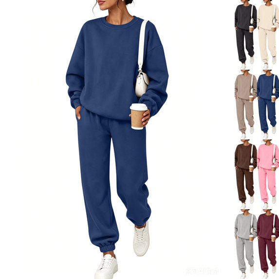 Women 2 Piece Outfits Fall Sweatsuit Lounge Set | Long Sleeve Drop Shoulder Crewneck Sweatshirt,Wide Leg Sweatpants,Casual Tracksuit,Winter Vacation Travel Outfits Navy XL