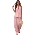 thumbnail image 1 of Women 2 Piece Outfits Halter V Neck Sleeveless Top and Wide Leg Pants Set with Pockets Pink XXXL, 1 of 6