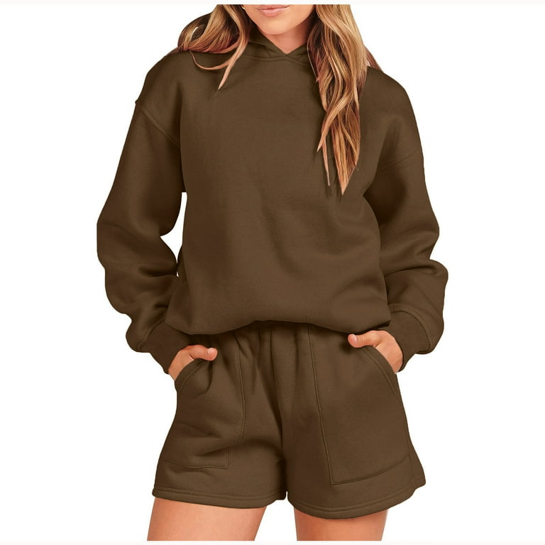 Women 2 Piece Outfits Hoodie Short Set Oversized Sweatshirt Shorts Sweatsuit Y2K Clothes Women Two Piece Outfits Oversized Sweatshirt and Shorts Tacksuit Matching Sets S Brown Walmart