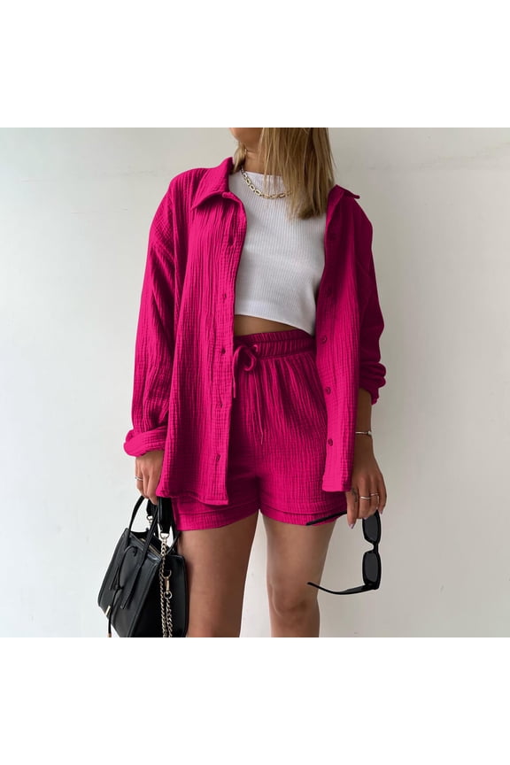 Women 2 Piece Outfits Long Sleeve Button Down Blouse and Shorts Sweatsuit Sets
