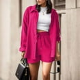 thumbnail image 1 of Women 2 Piece Outfits Long Sleeve Button Down Shirt And Shorts Set Casual Sweatsuits Crinkle Crepe Shirts Loungewear Hot Pink XL, 1 of 5