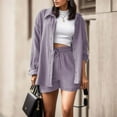 thumbnail image 1 of Women 2 Piece Outfits Long Sleeve Button Down Shirt And Shorts Set Casual Sweatsuits Crinkle Crepe Shirts Loungewear Light Purple M, 1 of 5