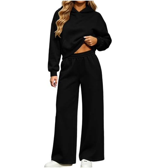 Women 2 Piece Outfits Long Sleeve Cropped Hoodie Sweatshirt High Waist Wide Leg Pants Casual Loose Sweatsuit Set for Daily Workout Jogging Streetwear Black S