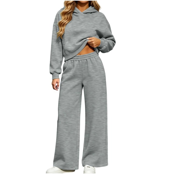 Women 2 Piece Outfits Long Sleeve Cropped Hoodie Sweatshirt High Waist Wide Leg Pants Casual Loose Sweatsuit Set for Daily Workout Jogging Streetwear Gray XL