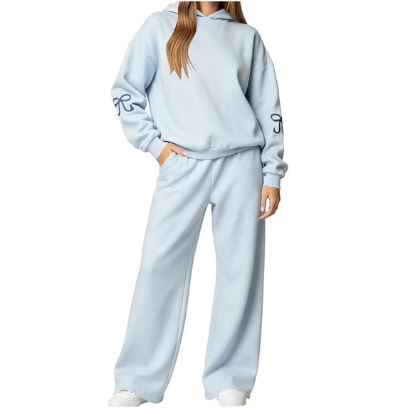 Women 2 Piece Outfits Long Sleeve Cute Hoodie Pants Bow Print School Travel Casual Fall Matching Lounge Set Blue S