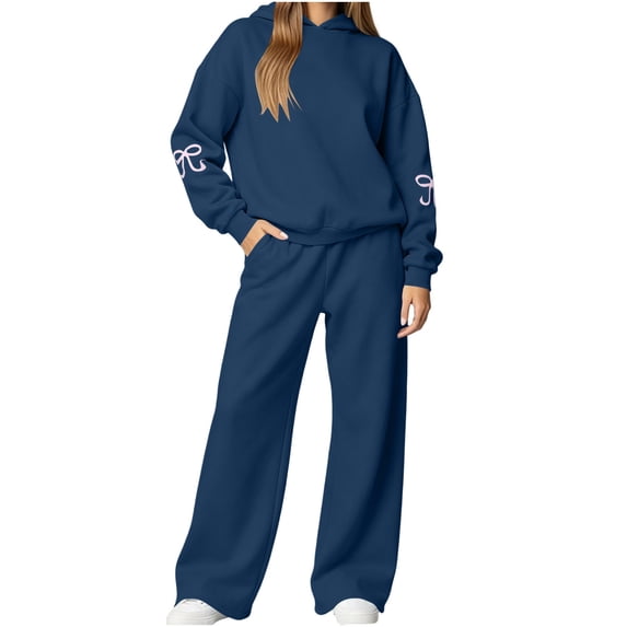 Women 2 Piece Outfits Long Sleeve Cute Hoodie Pants Bow Print School Travel Casual Fall Matching Lounge Set Navy S