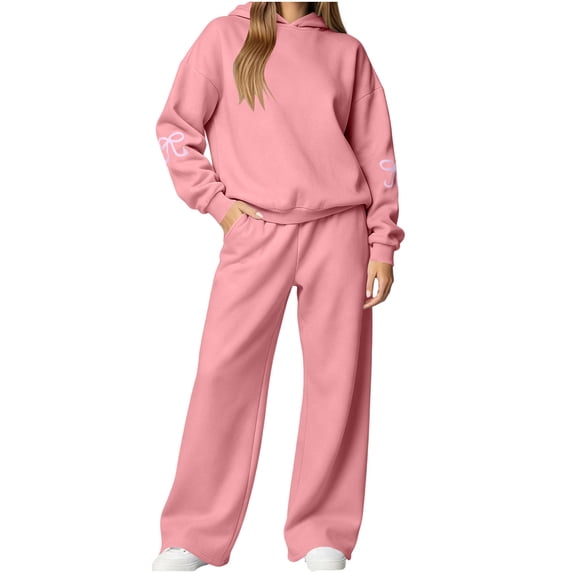 Women 2 Piece Outfits Long Sleeve Cute Hoodie Pants Bow Print School Travel Casual Fall Matching Lounge Set Pink 2XL