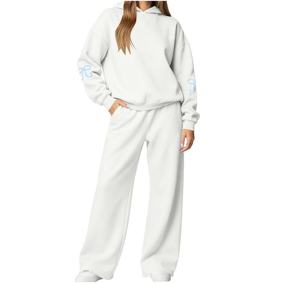 Women 2 Piece Outfits Long Sleeve Cute Hoodie Pants Bow Print School Travel Casual Fall Matching Lounge Set White XL