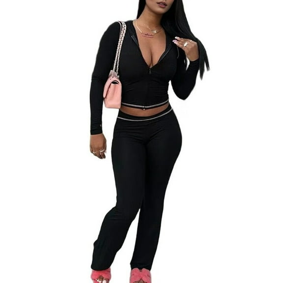 Women 2 Piece Outfits Long Sleeve Tracksuit Bodycon Matching Sets Hoodie Jacket Jogging Suit Black S