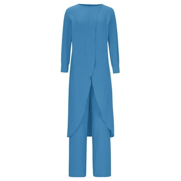Women 2 Piece Outfits Long Sleeve Tunic Tops and Wide Leg Trouser Pants Plus Size Loungewear Sets Fall Outfits 2 Piece Jogging Suit Set S-87 Blue M
