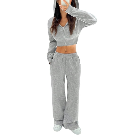 Women 2 Piece Outfits Lounge Set Oversized Zip Up Sweatshirt Hoodie and Sweatpant Matching Sweat Sets Winter Sweatsuits Light Gray XL