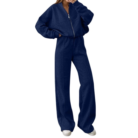 Women 2 Piece Outfits Lounge Set Oversized Zip Up Sweatshirt Jacket Sweatpant Matching Sweat Sets Winter Sweatsuits Navy L