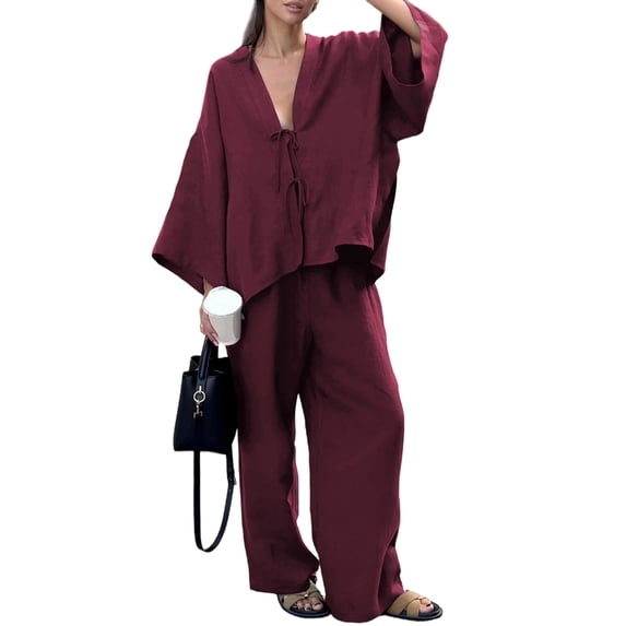 Women 2 Piece Outfits Matching Lounge Set Wine Red M