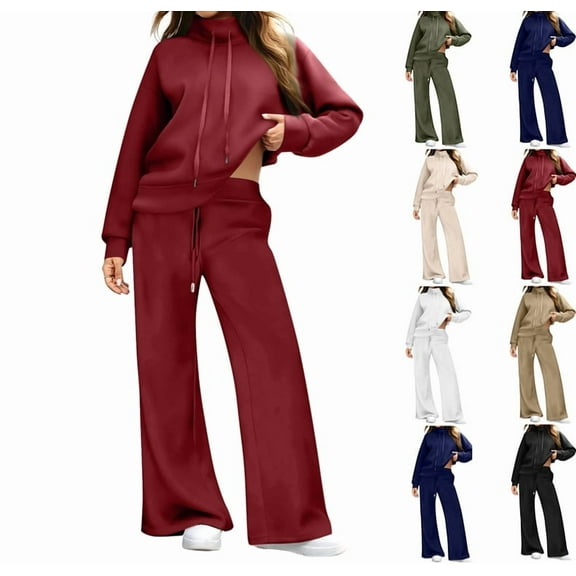 Women 2 Piece Outfits Mock Neck Pullover Tops Wide Leg Sweatpants with Cargo Pockets Airport Travel Outfits 2025 Wine M