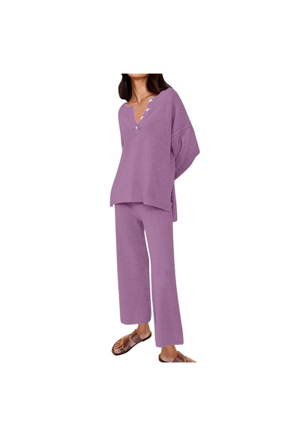 Women 2 Piece Outfits Oversized Loungewear Loose Casual Set Waffle Knit Matching Sets Purple L