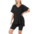 thumbnail image 1 of Women 2 Piece Outfits Oversized V-neck Short Sleeve Jersey Tunic Top & Biker Shorts SET, 1 of 4