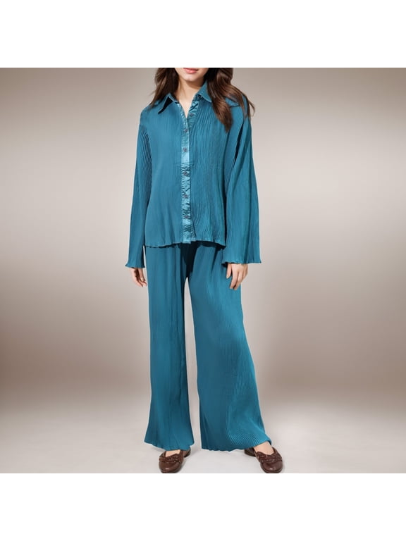 Women 2 Piece Outfits Print Casual Long Sleeve Loose Fit Button Down Shirts Blouses Tops Wide Leg Long Pants Sets Junior Pant Suits Dressy Pant Suits Pantsuit for Women Dressy Swear Pants Women plus
