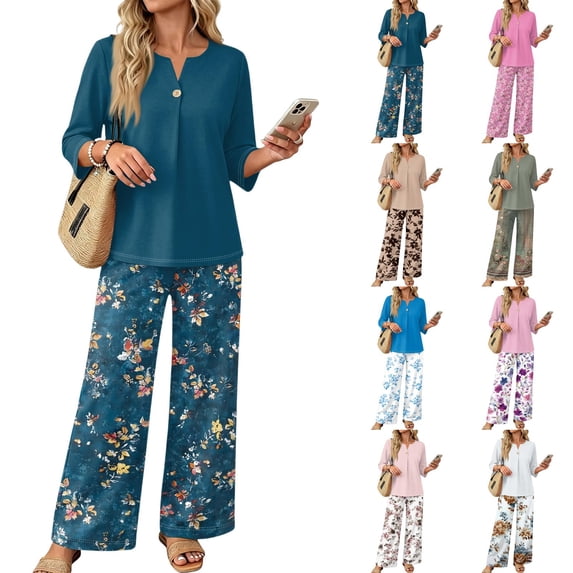 Women 2 Piece Outfits Sets 3/4 Length Sleeve Tops and Wide Leg Pants Lounge Sets Summer Casual Matching Sweatsuits