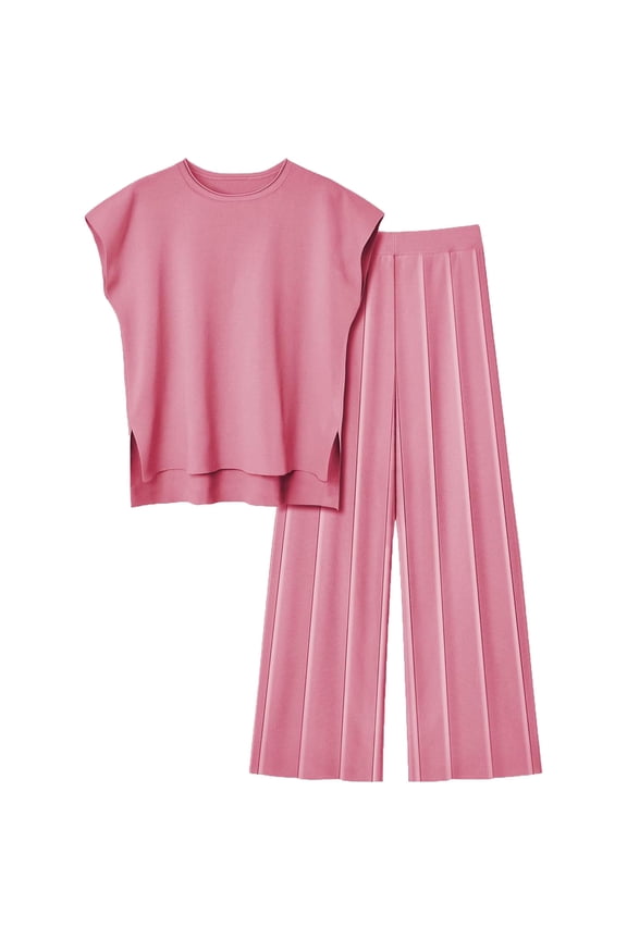 Women 2 Piece Outfits Sets Casual Womens Summer Knit 2 Piece Set Sleeveless Crew Neck Top with Pleated Wide Leg Pants Loose Breathable Loungewear Outfits M