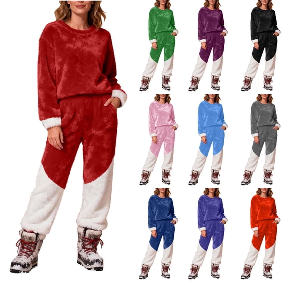 Women 2 Piece Outfits Sets Crew Neck Solid Color Long Sleeve Tops Elastic Waist Long Pant Women's Fashionable Loose Casual Thickened Velvet Home Lounge Sets