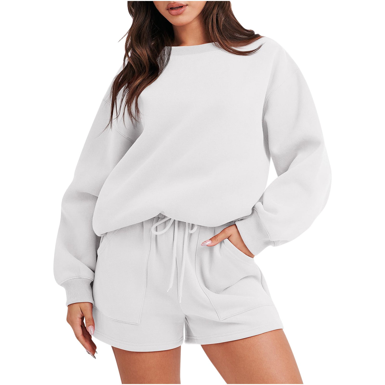 Women 2 Piece Outfits Sets Sweatsuit Outfits Pockets Fleece Jogger Shorts Set for Track Camping Oversized Sweatshirts for Women Fall Shorts Set Long Sleeve Crewneck Pullover Tops Shorts Suit Walmart.c...