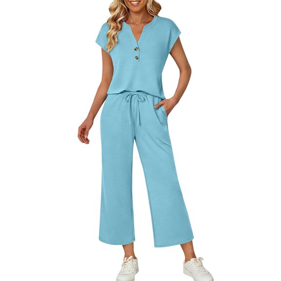 Women 2 Piece Outfits Sets V Neck Short Sleeve Tops and Drawstring Waist Capris Solid Color Matching Sets Travel Resort Wear