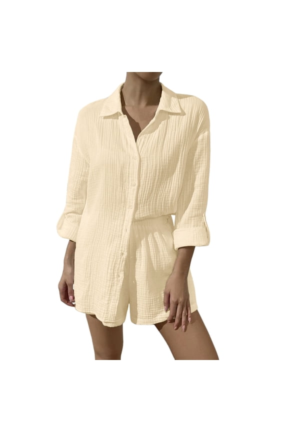Women 2 Piece Outfits Shirt Blouse Pants Sets Casual Long Sleeve V Neck Shirt Shorts Fashion Streetwear