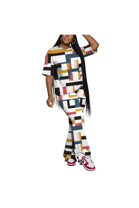 Women 2 Piece Outfits Short Sleeve Top and Flare Pants Lounge Sets Tracksuit