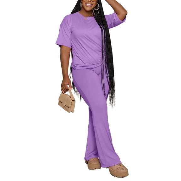 Women 2 Piece Outfits Short Sleeve Top and Flare Pants Lounge Sets Tracksuit