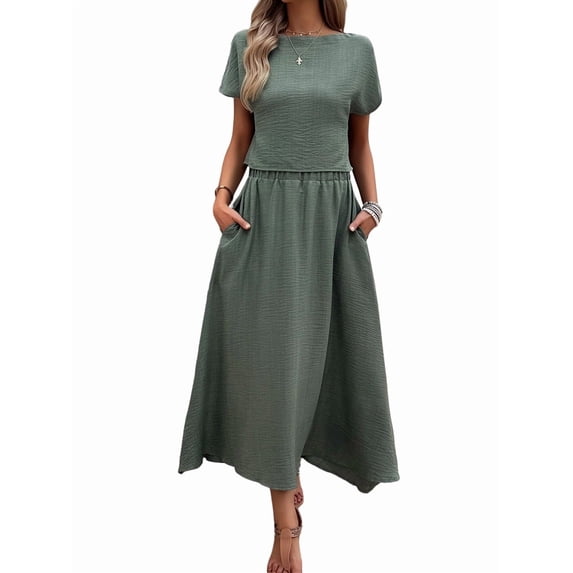 Women 2 Piece Outfits Skirt Set Summer Casual Cap Sleeve Crop Tops Maxi Dress Sets with Pockets Green S