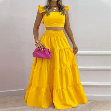 Women 2 Piece Outfits Sleeveless Crop Top High Waist Long Skirt Set