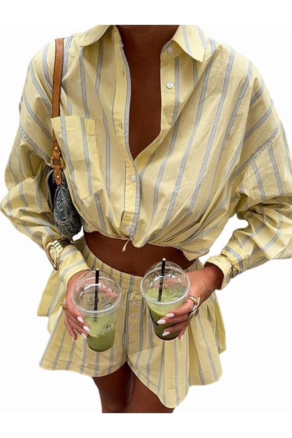Women 2 Piece Outfits Striped Long Sleeve Button Down Collared Shirt Matching Shorts Sets Yellow M