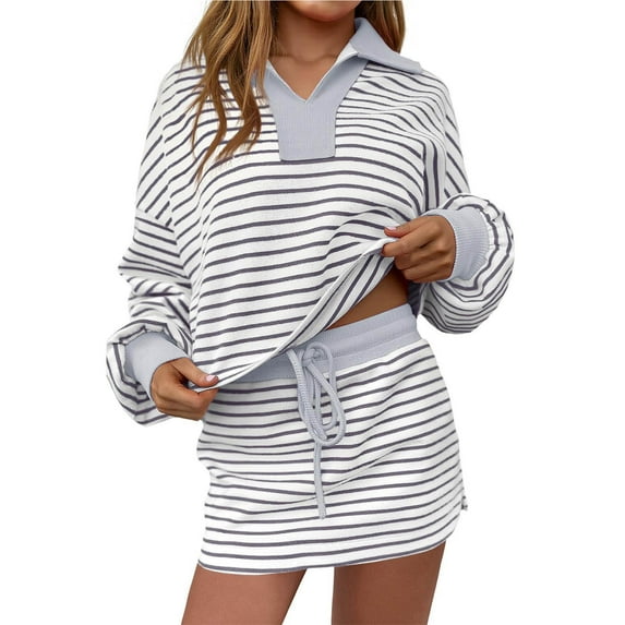 Women 2 Piece Outfits Striped Lounge Sets Long Sleeve Collared Sweatshirts Skirt Set Skort Workout Tracksuit, L
