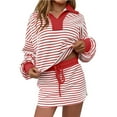 thumbnail image 1 of Women 2 Piece Outfits Striped Lounge Sets Long Sleeve Collared Sweatshirts Skirt Set Skort Workout Tracksuit, M, 1 of 6