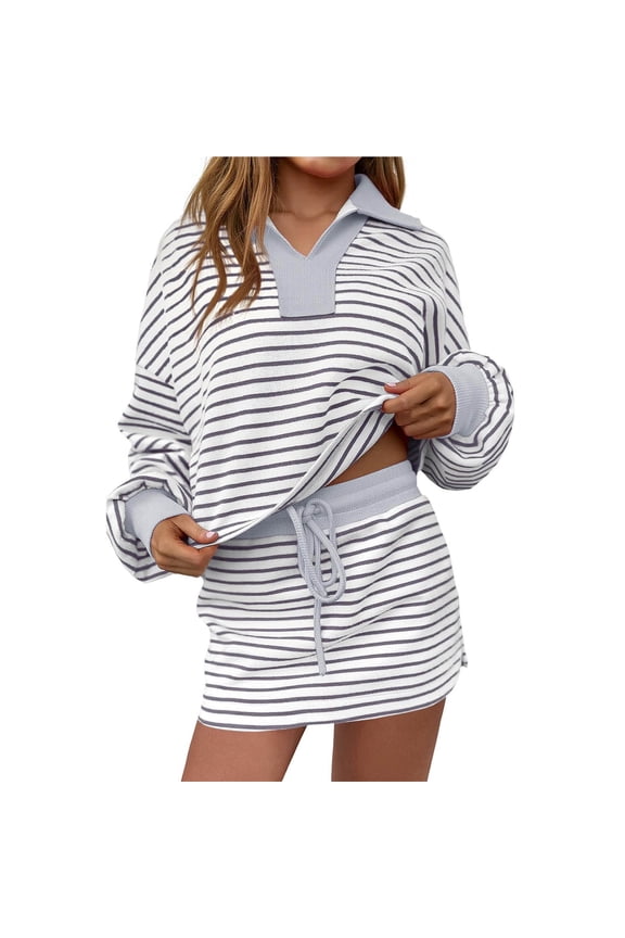 Women 2 Piece Outfits Striped Lounge Sets Long Sleeve Collared Sweatshirts Skirt Set Skirted Workout Tracksuit, XXL