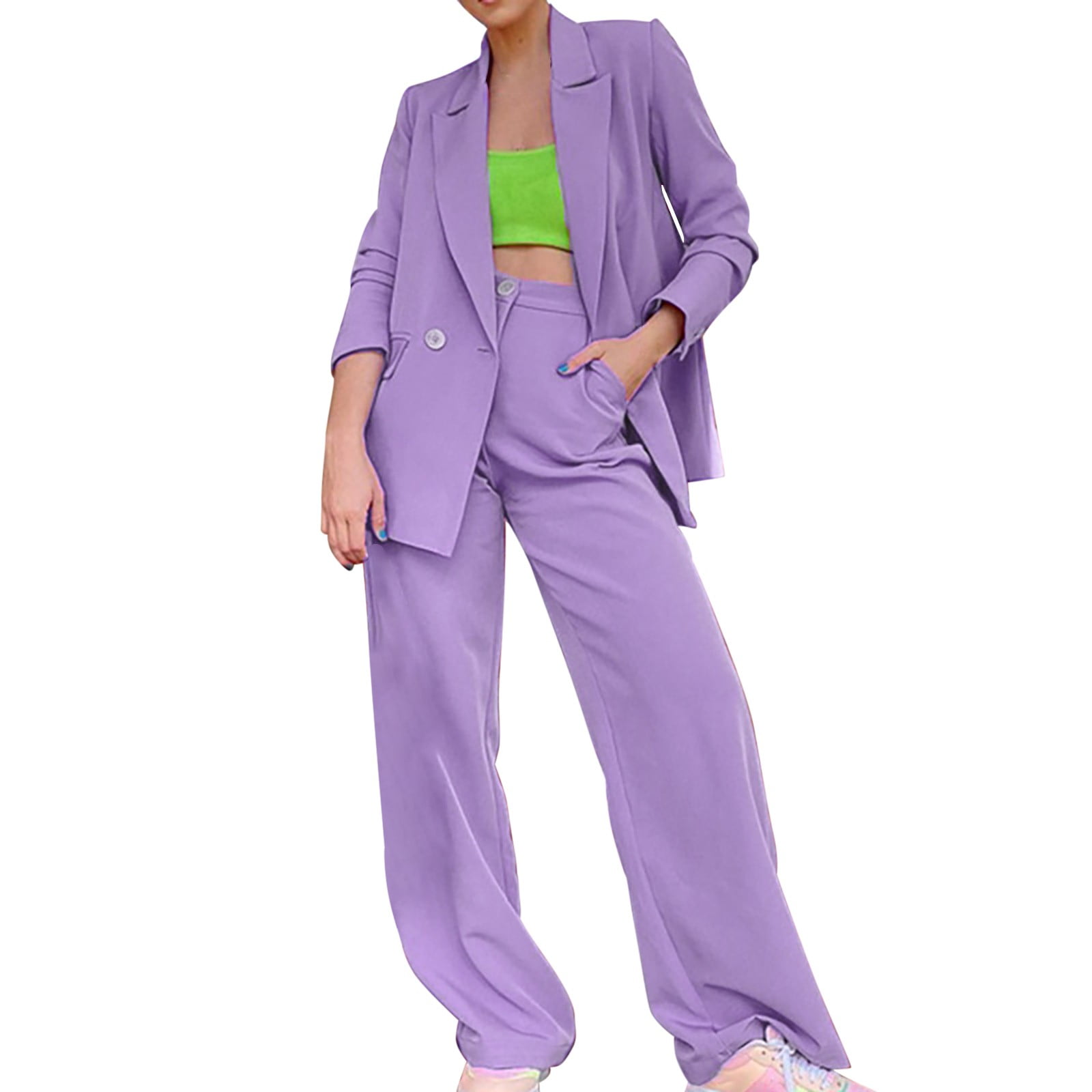 Women 2 Piece Outfits Suits Set Long Sleeve Button Blazer High Waisted  Pants Jumpsuit For Business Ladies Suit Purple XL 
