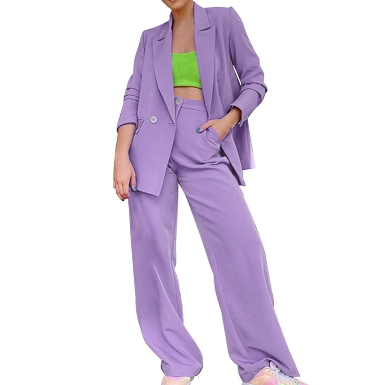 Women 2 Piece Outfits Suits Set Long Sleeve Button Blazer High Waisted  Pants Jumpsuit For Business Ladies Suit Purple L
