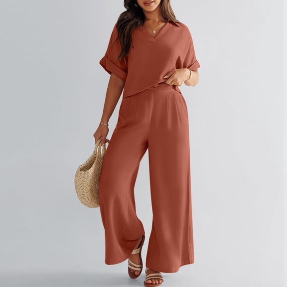 Women 2 Piece Outfits Summer Casual Short Sleeve V Neck Crop Top Wide Leg Pants Matching Set With Pocket Women Holiday Outfits Pant Suits for Women Dressy Wedding Guest plus Size Pant Suit Women