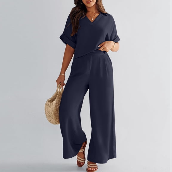 Women 2 Piece Outfits Summer Casual Short Sleeve V Neck Crop Top Wide Leg Pants Matching Set With Pocket Women Holiday Outfits Pant Suits for Women Dressy Wedding Guest plus Size Pant Suit Women