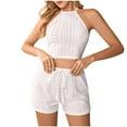 thumbnail image 1 of Women 2 Piece Outfits Summer Halter Top and Shorts Set Ribbed Knit Lounge Set Casual Sleeveless Crop Tank Matching Sets, 1 of 3