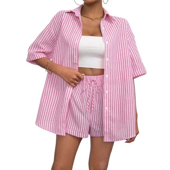 Women 2 Piece Outfits Summer Short Sleeve Stripe Shirts and Loose High Waisted Mini Shorts Sweatsuit Set Pink XS