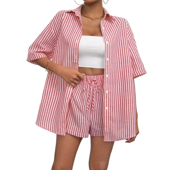 Women 2 Piece Outfits Summer Short Sleeve Stripe Shirts and Loose High Waisted Mini Shorts Sweatsuit Set Red XL