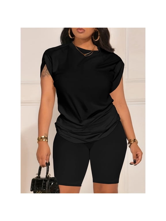 Women 2 Piece Outfits Summer Sweatsuits Biker Short Workout Jogger Sets Black L