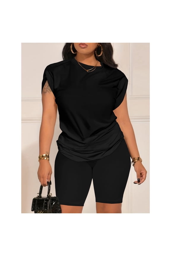 Women 2 Piece Outfits Summer Sweatsuits Biker Short Workout Jogger Sets Black L