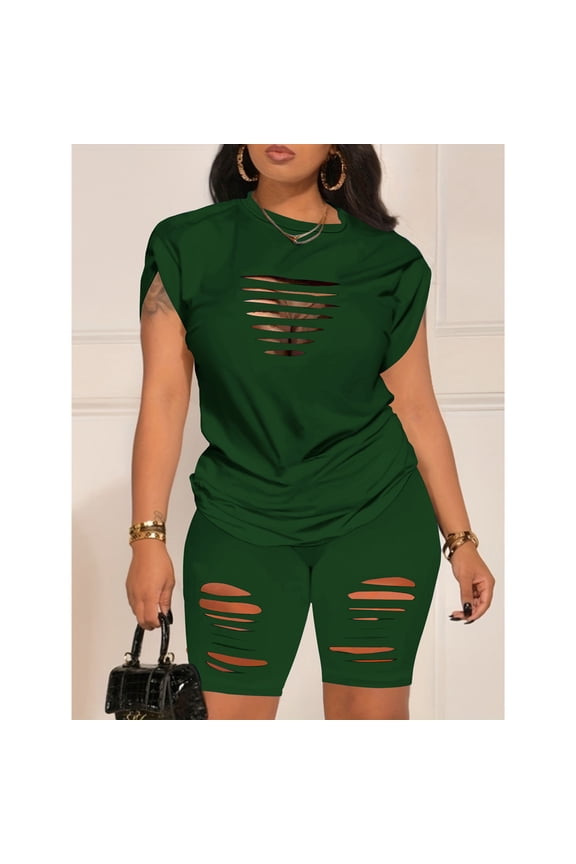Women 2 Piece Outfits Summer Sweatsuits Biker Short Workout Jogger Sets Dark Green 2XL