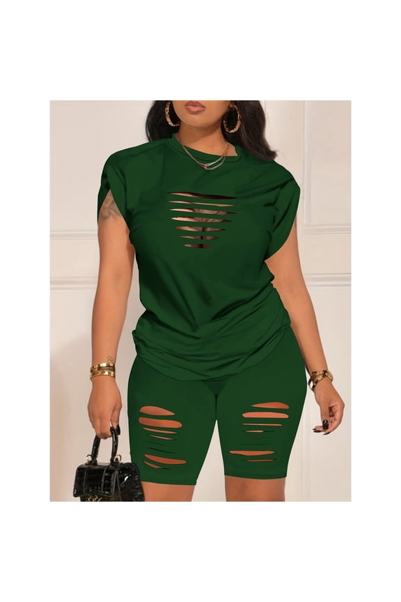 Women 2 Piece Outfits Summer Sweatsuits Biker Short Workout Jogger Sets Dark Green S