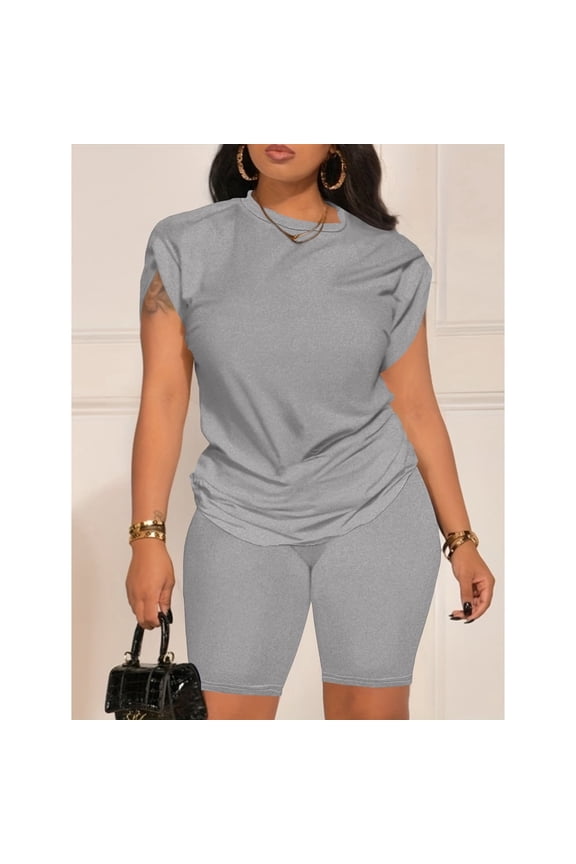 Women 2 Piece Outfits Summer Sweatsuits Biker Short Workout Jogger Sets Gray XL