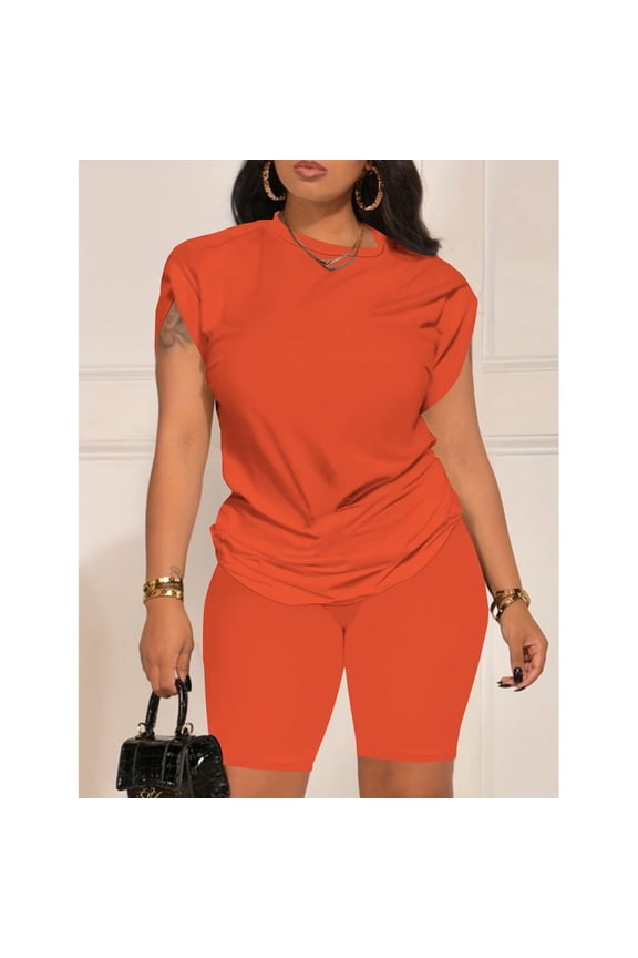 Women 2 Piece Outfits Summer Sweatsuits Biker Short Workout Jogger Sets Orange M