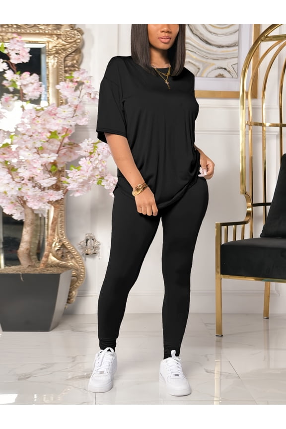 Women 2 Piece Outfits Summer Sweatsuits Drop Shoulder Tracksuits Biker Short Workout Jogger Sets Black